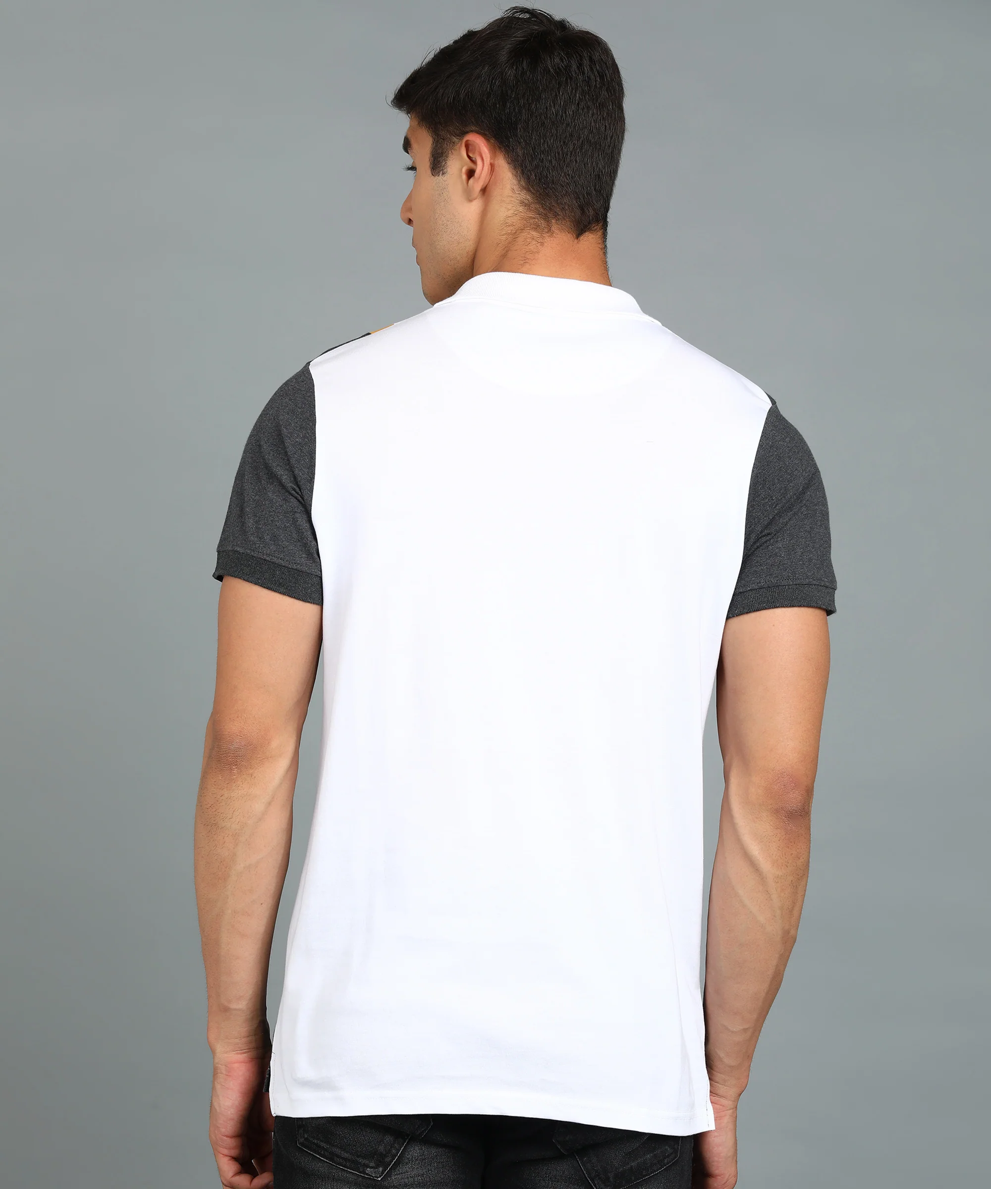 Men's White, Anthra Melange, Gold Colour-Block Slim Fit Half Sleeve Cotton Polo T-Shirt - Image 3