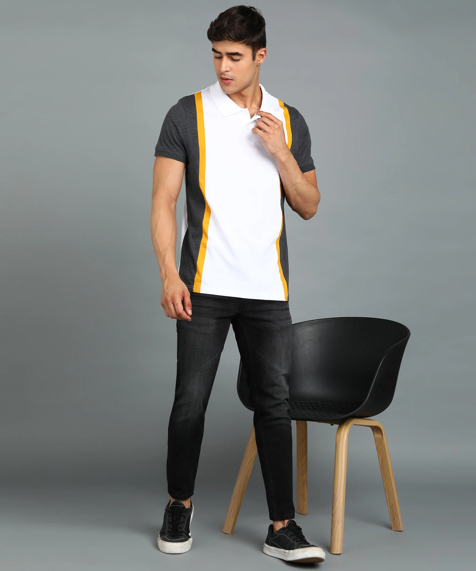 Men's White, Anthra Melange, Gold Colour-Block Slim Fit Half Sleeve Cotton Polo T-Shirt - Image 4