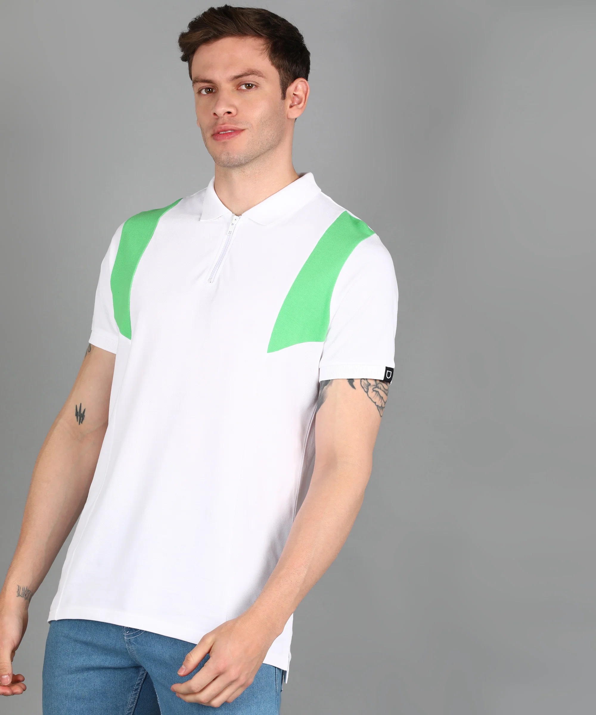 Men's White, Beige, Mint Colour-Block Slim Fit Half Sleeve Cotton Polo T-Shirt - Image 2