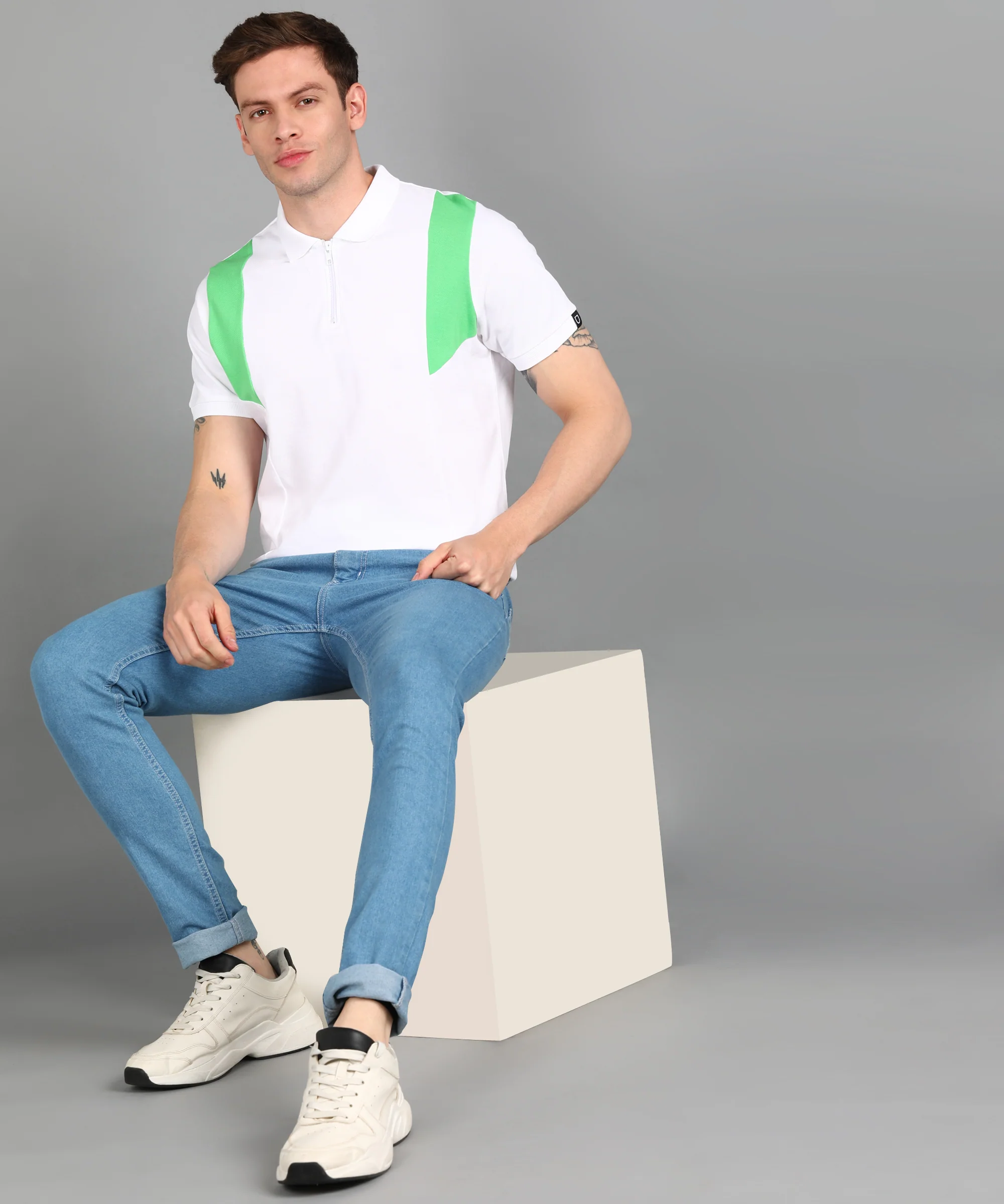 Men's White, Beige, Mint Colour-Block Slim Fit Half Sleeve Cotton Polo T-Shirt - Image 4
