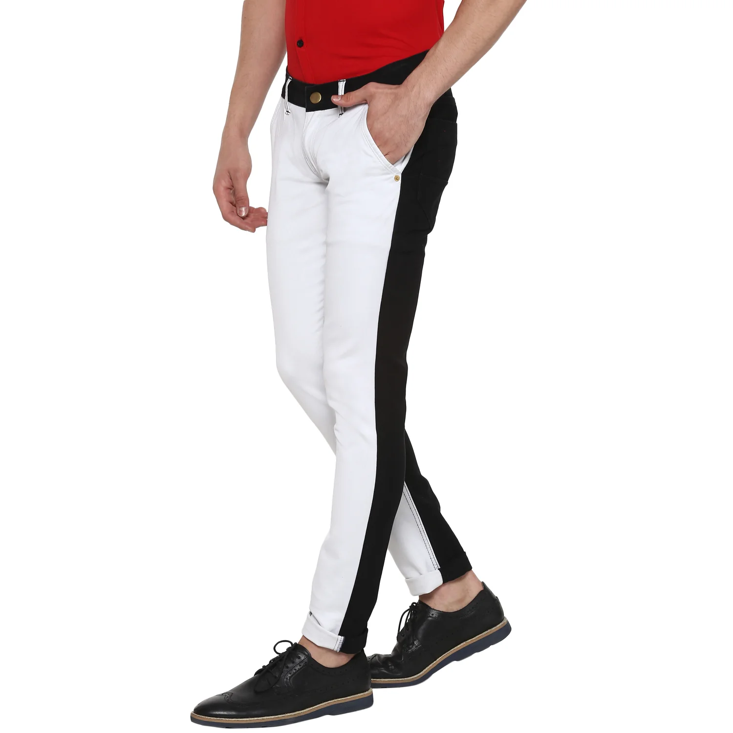 Men's White & Black Color-Block Slim Fit Washed Jeans Stretch - Image 2