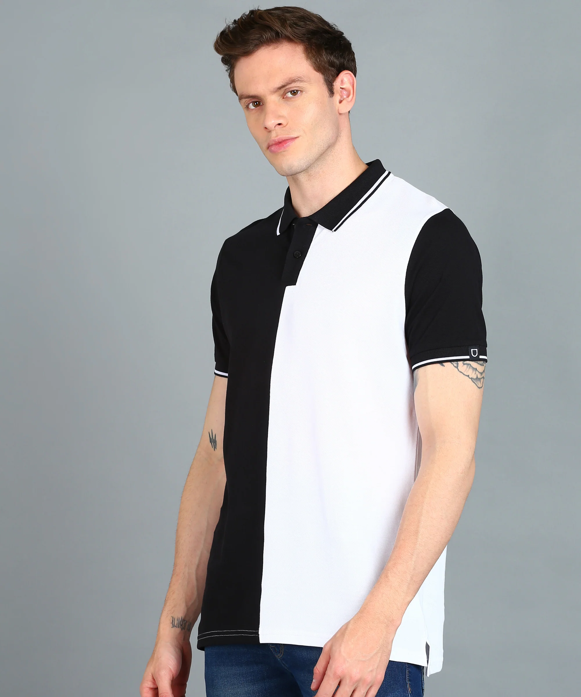 Men's White, Black Colour-Block Slim Fit Half Sleeve Cotton Polo T-Shirt - Image 2