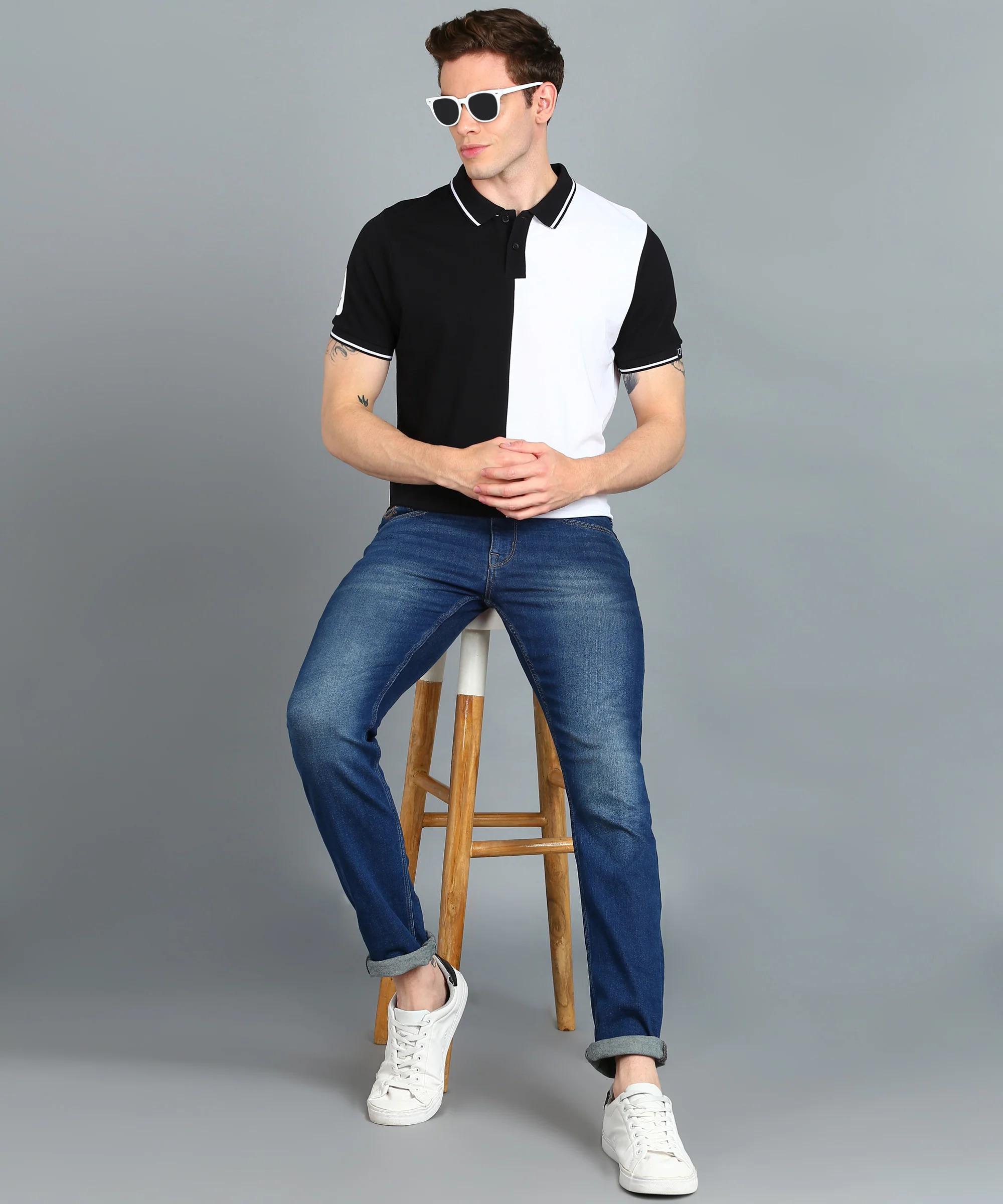 Men's White, Black Colour-Block Slim Fit Half Sleeve Cotton Polo T-Shirt - Image 4