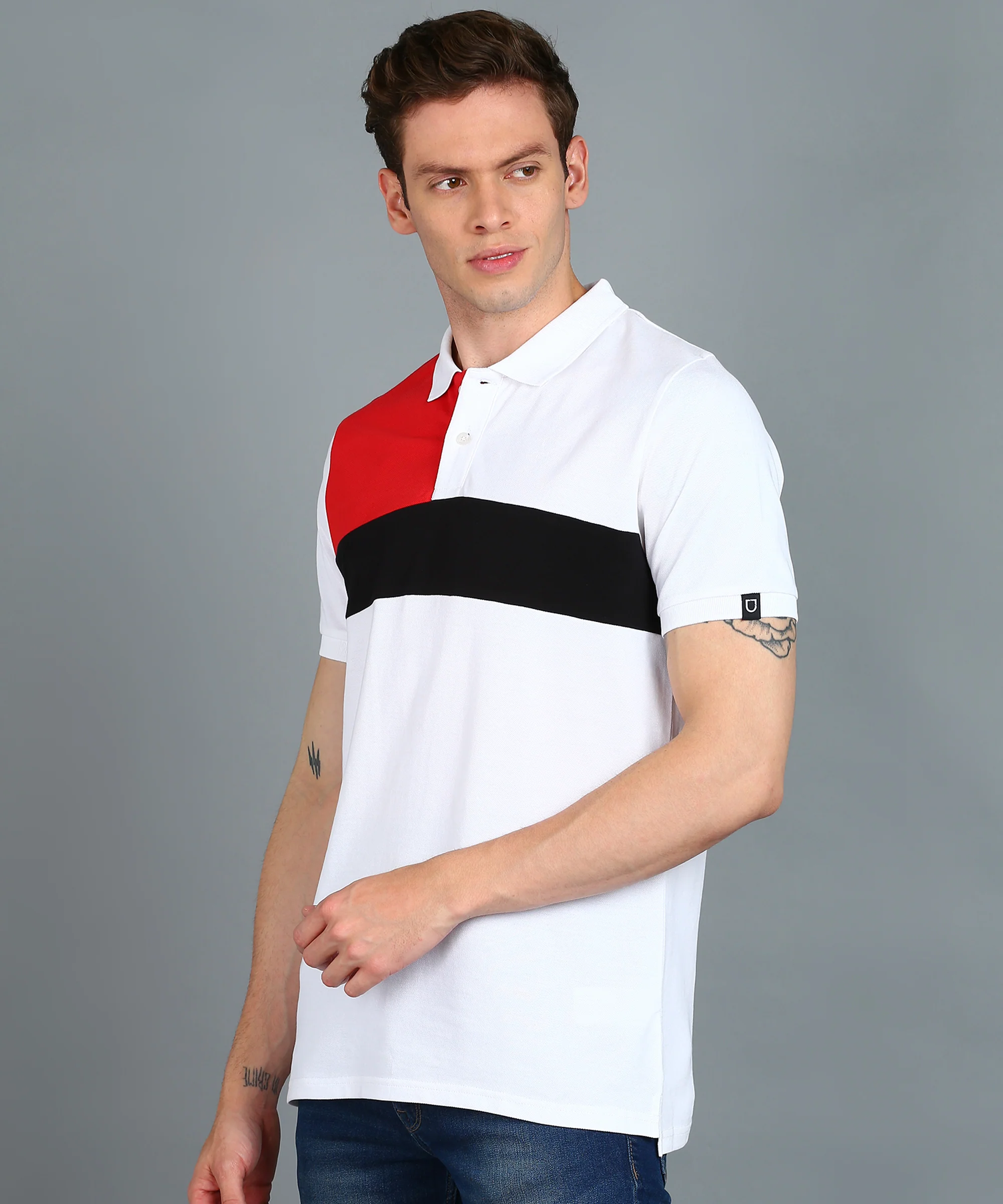 Men's White, Black, Red Colour-Block Slim Fit Half Sleeve Cotton Polo T-Shirt - Image 2