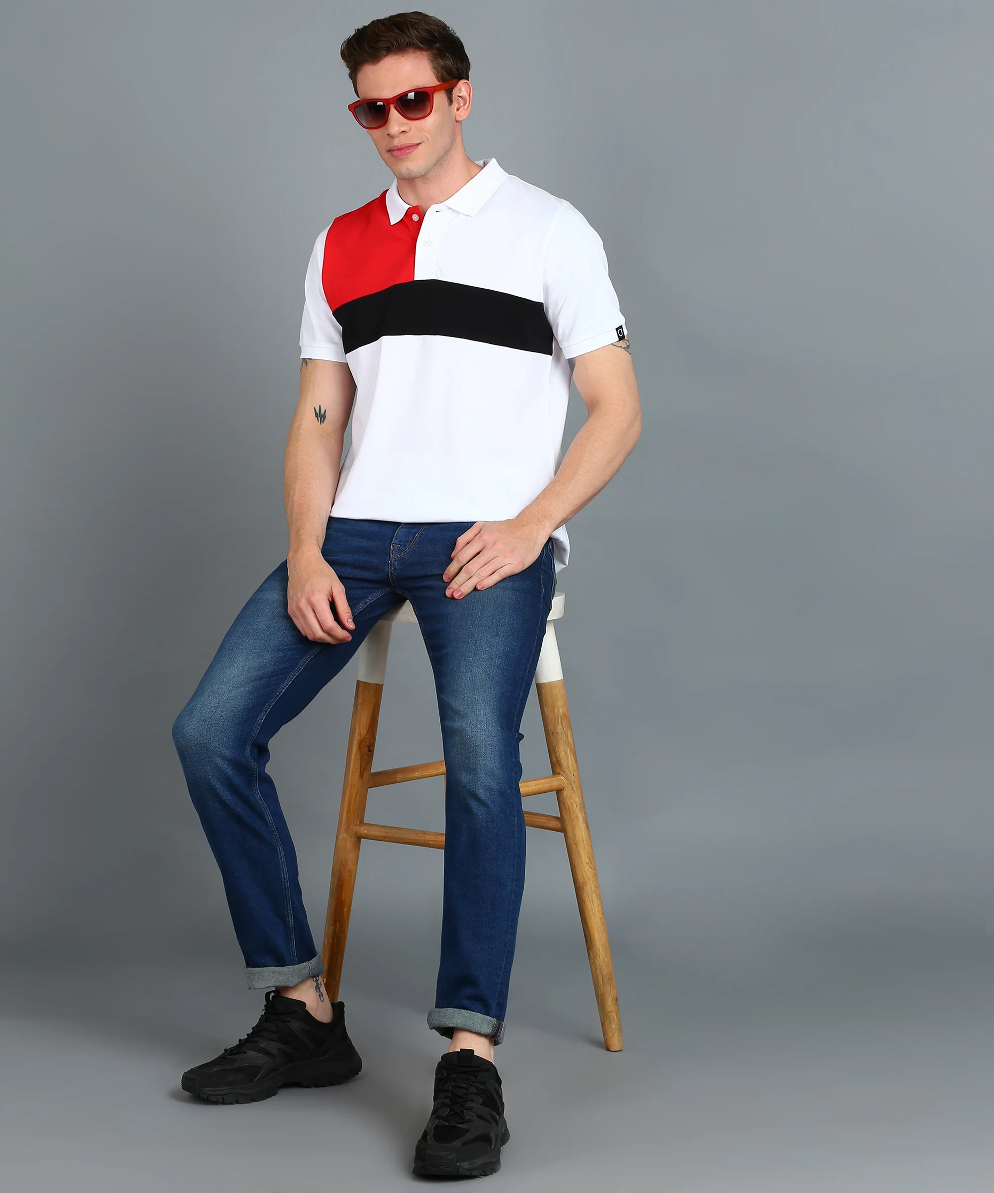 Men's White, Black, Red Colour-Block Slim Fit Half Sleeve Cotton Polo T-Shirt - Image 4