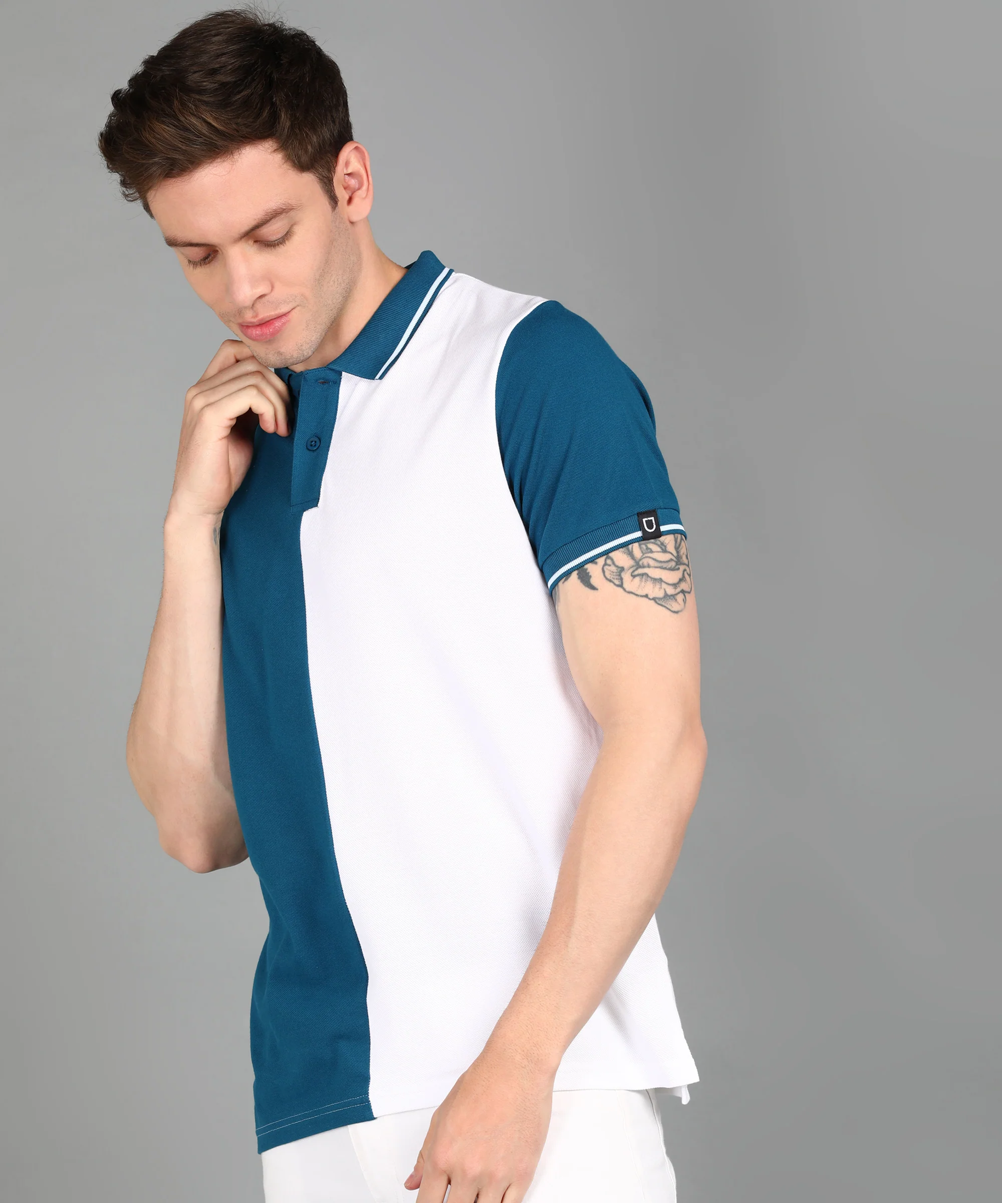 Men's White, Blue Colour-Block Slim Fit Half Sleeve Cotton Polo T-Shirt - Image 2