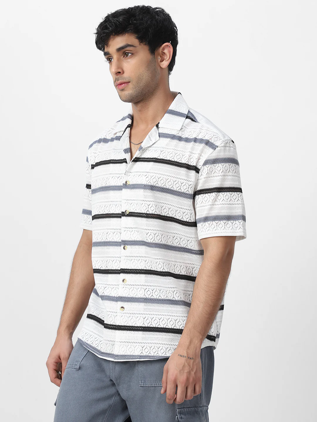 Men's White, Blue Cotton Half Sleeve Oversized Fit Textured Crochet Shirt with Cuban Collar - Image 3