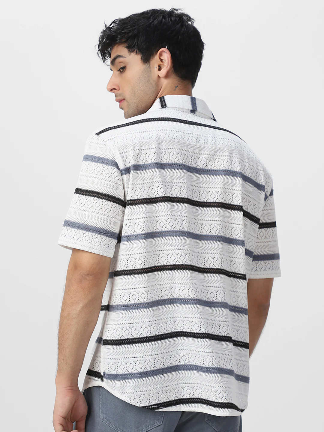 Men's White, Blue Cotton Half Sleeve Oversized Fit Textured Crochet Shirt with Cuban Collar - Image 4