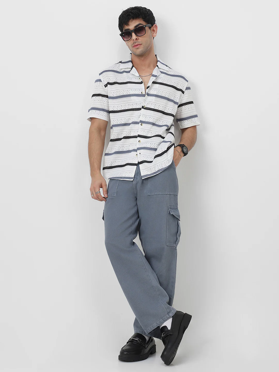 Men's White, Blue Cotton Half Sleeve Oversized Fit Textured Crochet Shirt with Cuban Collar - Image 5