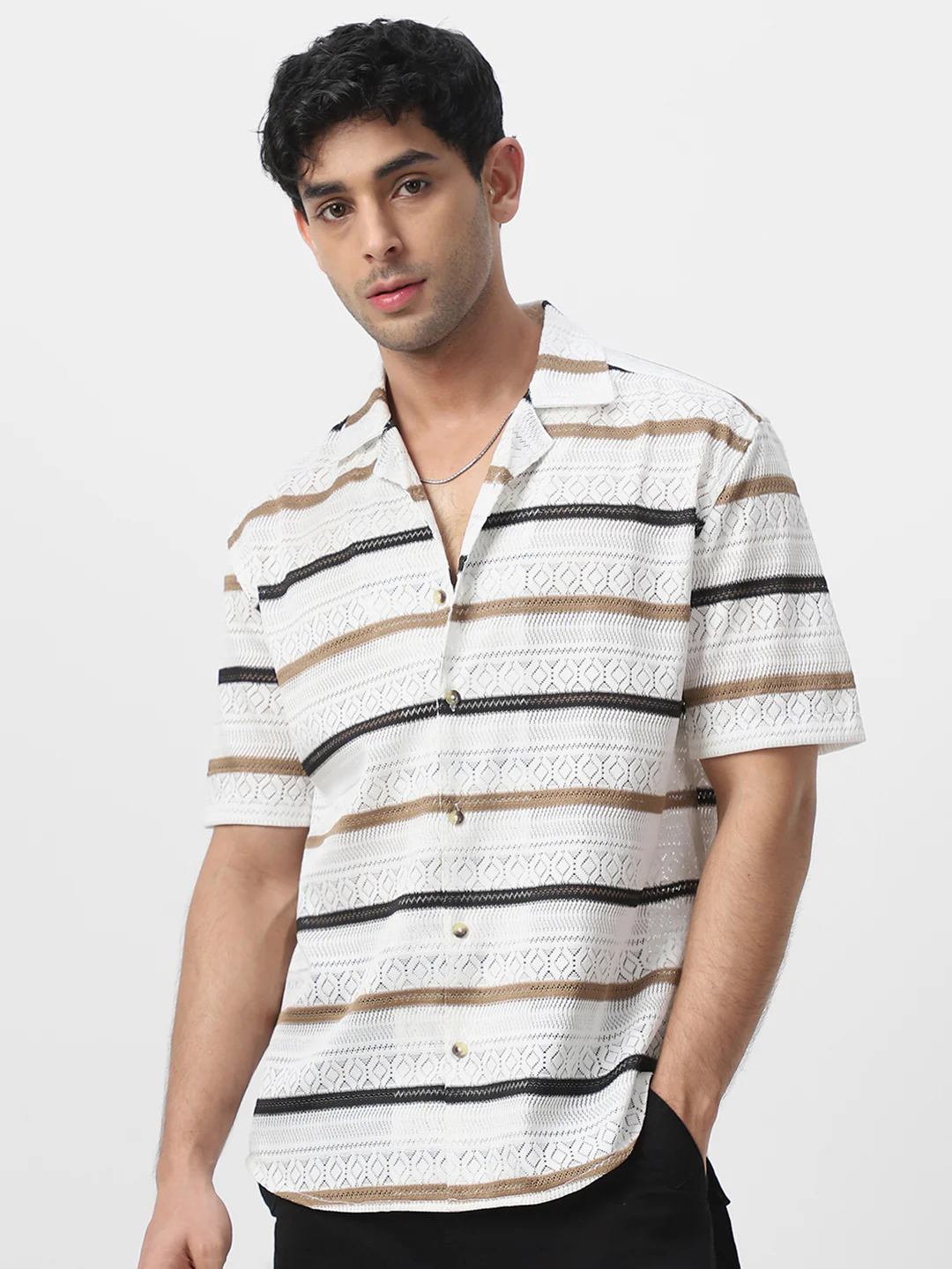 Men's White, Brown Cotton Half Sleeve Oversized Fit Textured Crochet Shirt with Cuban Collar - Image 3