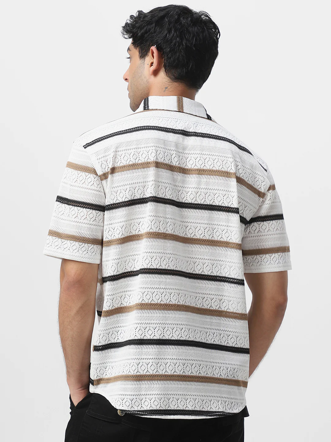 Men's White, Brown Cotton Half Sleeve Oversized Fit Textured Crochet Shirt with Cuban Collar - Image 4