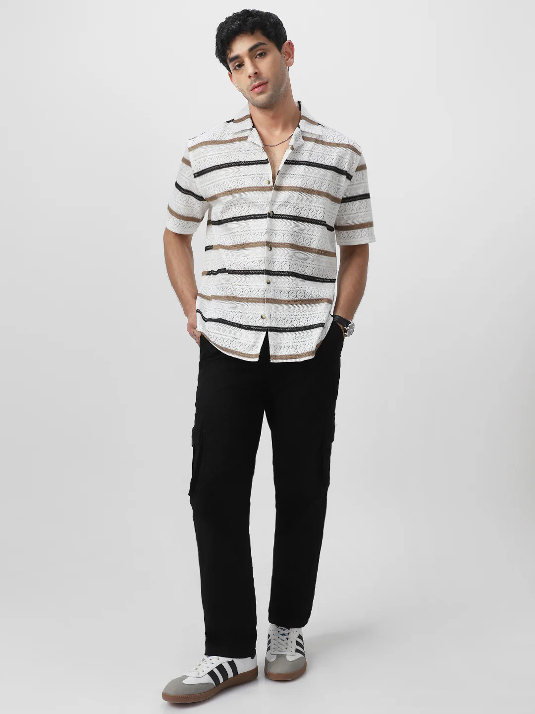 Men's White, Brown Cotton Half Sleeve Oversized Fit Textured Crochet Shirt with Cuban Collar - Image 5