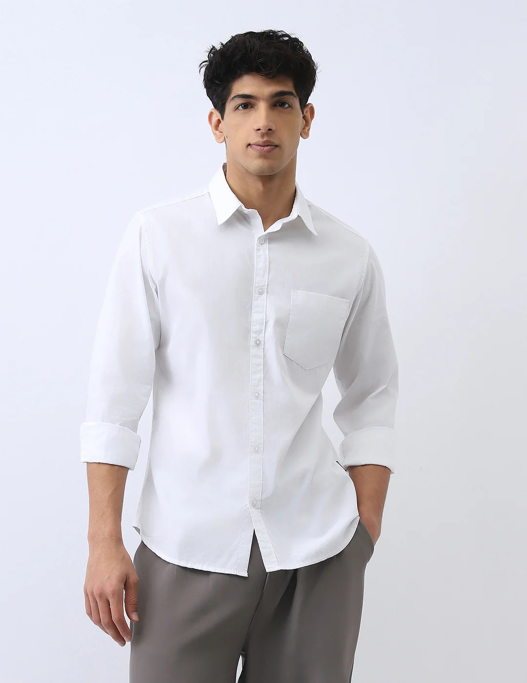 Men's White Cotton Full Sleeve Regular Fit Casual Solid Shirt - Image 2