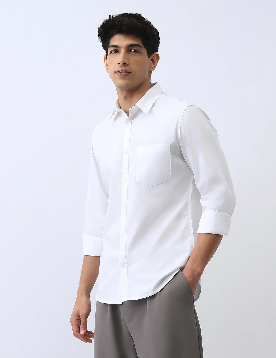Men's White Cotton Full Sleeve Regular Fit Casual Solid Shirt - Image 3
