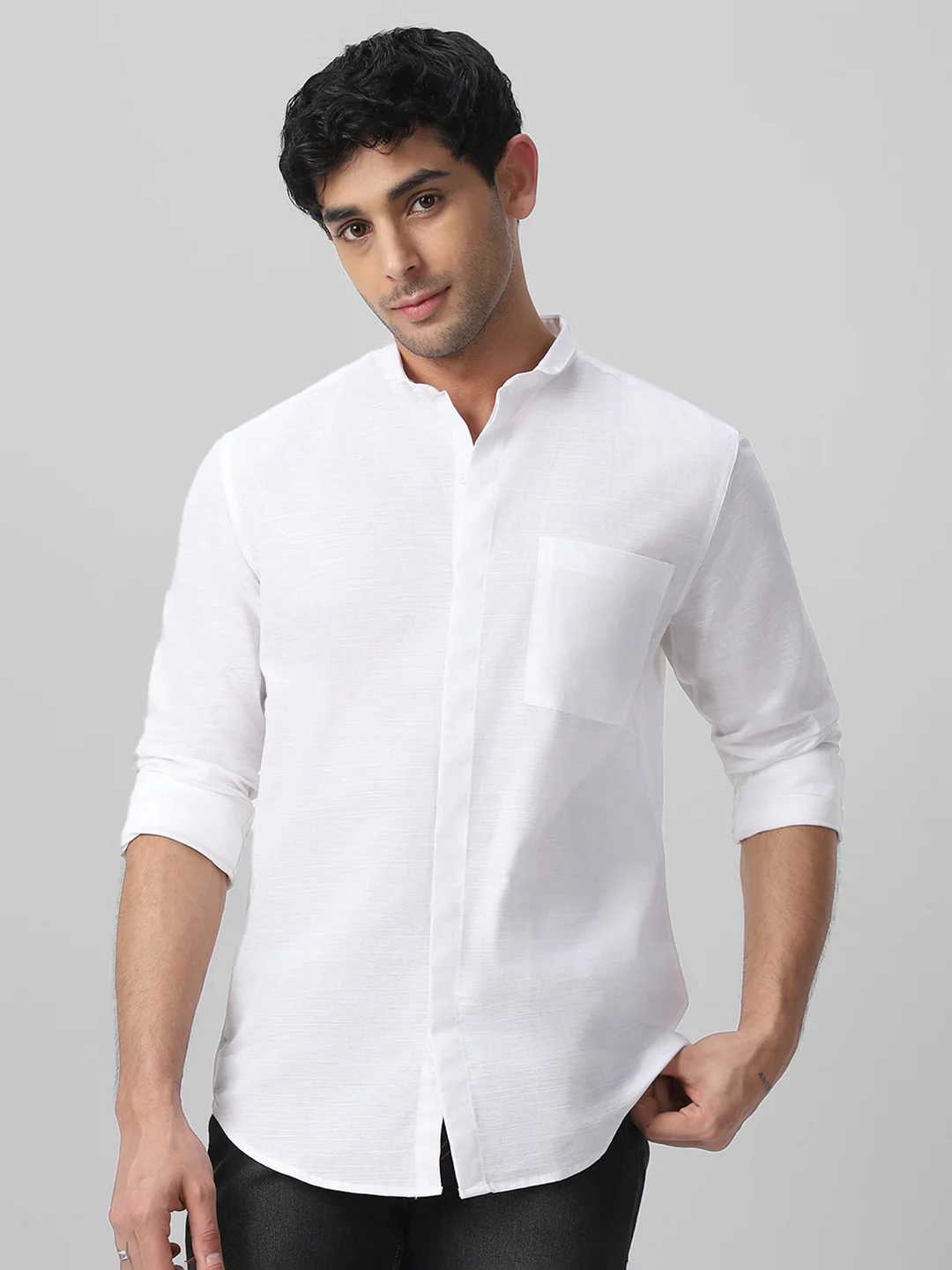 Men's White Cotton Full Sleeve Regular Fit Casual Solid Shirt with Band Collar - Image 2