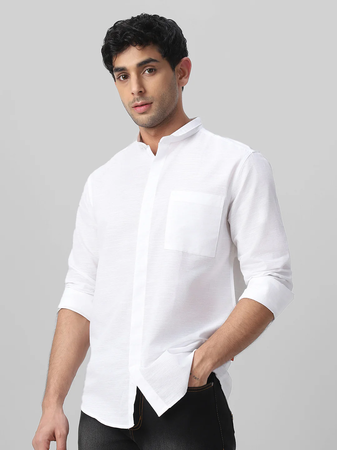Men's White Cotton Full Sleeve Regular Fit Casual Solid Shirt with Band Collar - Image 3