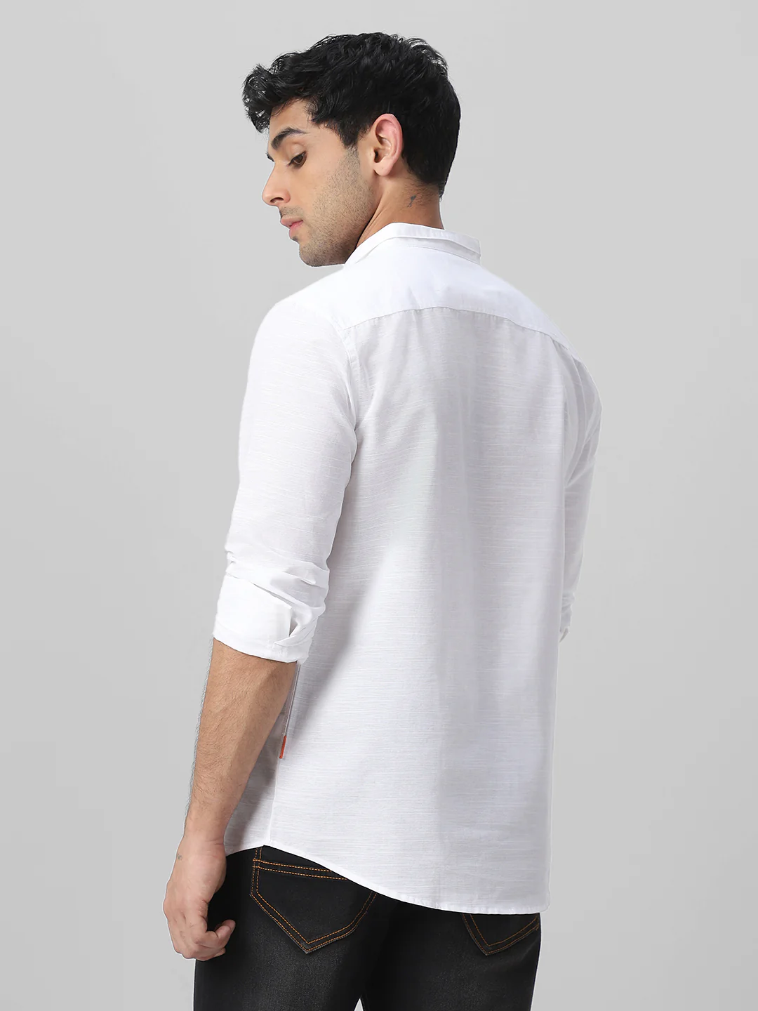 Men's White Cotton Full Sleeve Regular Fit Casual Solid Shirt with Band Collar - Image 4