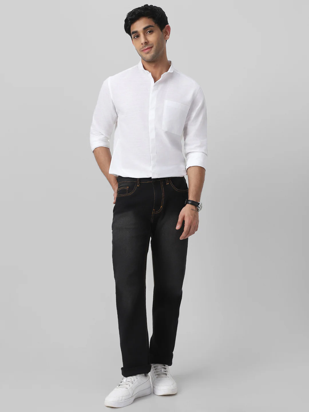 Men's White Cotton Full Sleeve Regular Fit Casual Solid Shirt with Band Collar - Image 5
