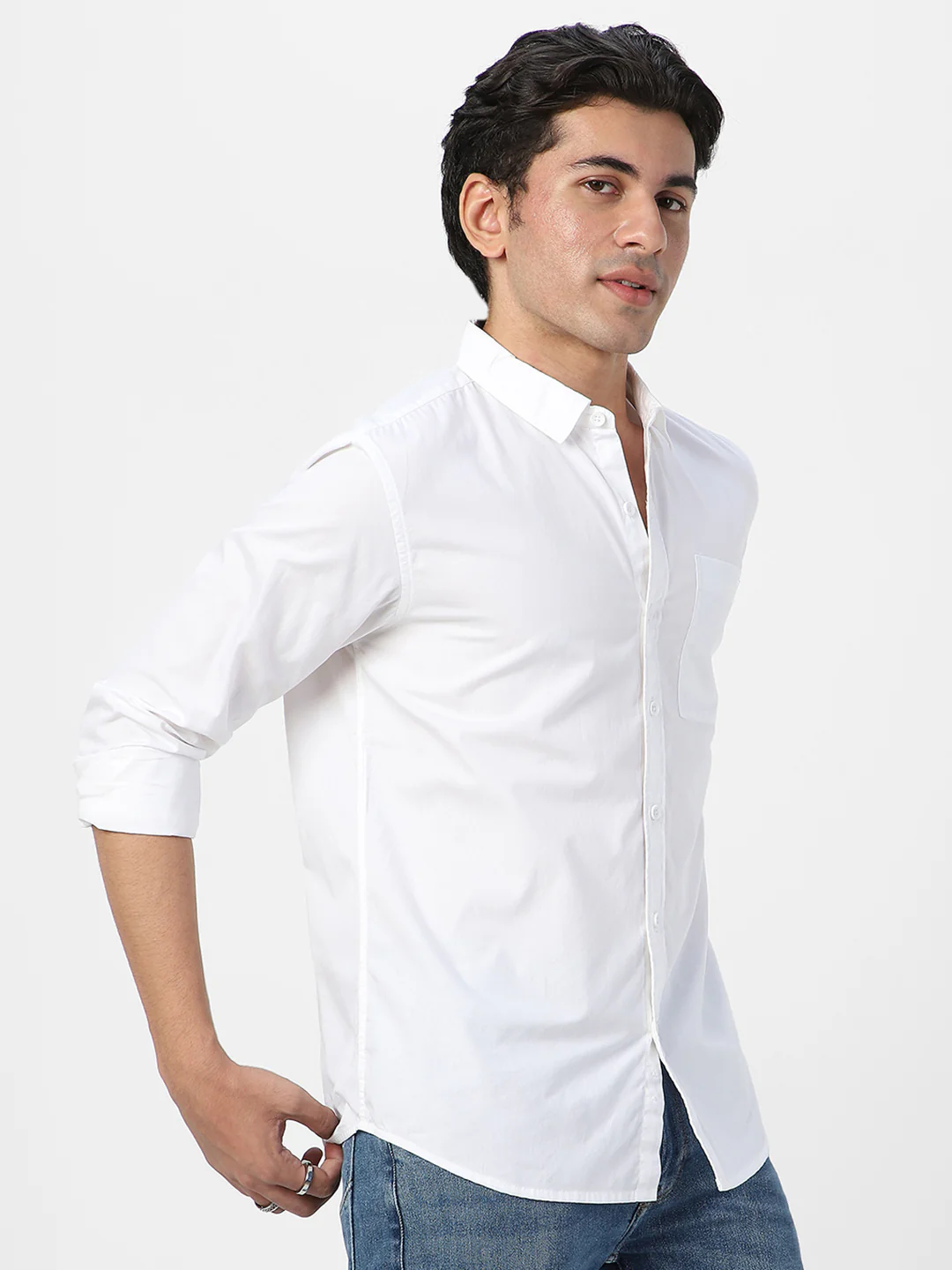 Men's White Cotton Full Sleeve Regular Fit Casual Solid Shirt - Image 3