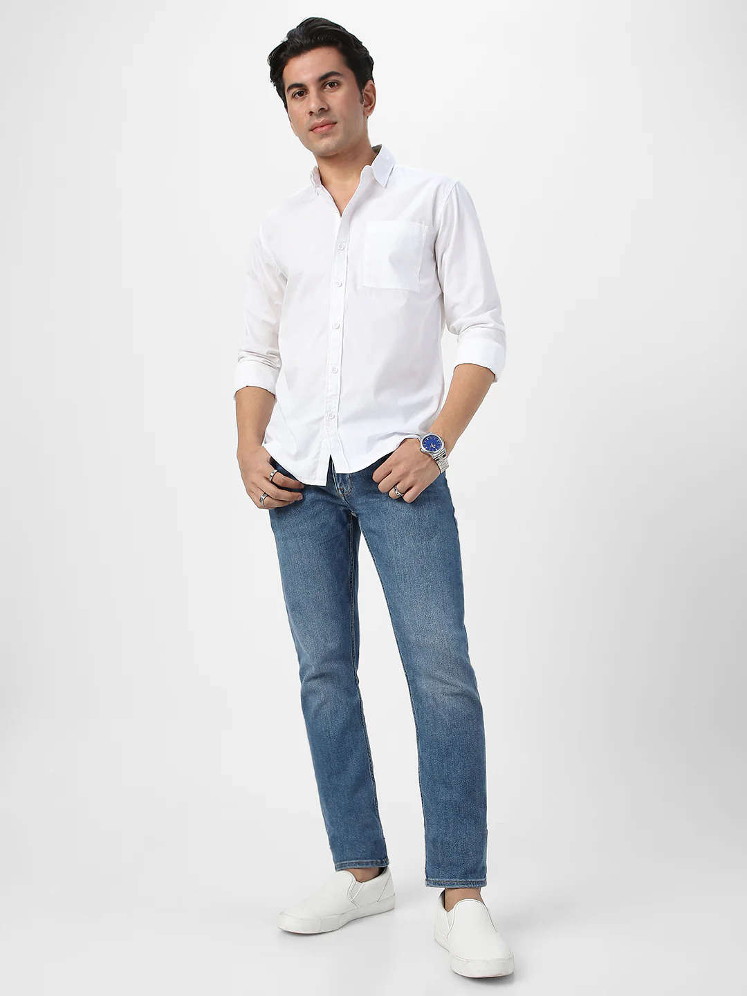 Men's White Cotton Full Sleeve Regular Fit Casual Solid Shirt - Image 5