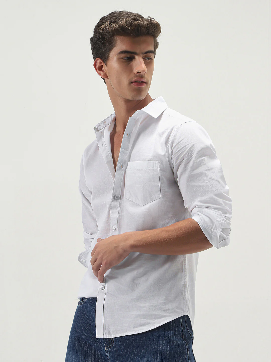 Men's White Cotton Full Sleeve Regular Fit Casual Solid Slub Shirt with Spread Collar - Image 3