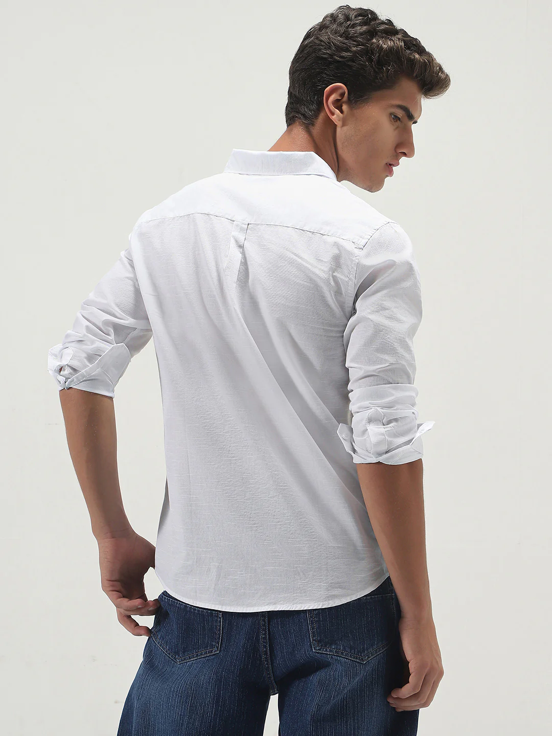 Men's White Cotton Full Sleeve Regular Fit Casual Solid Slub Shirt with Spread Collar - Image 4