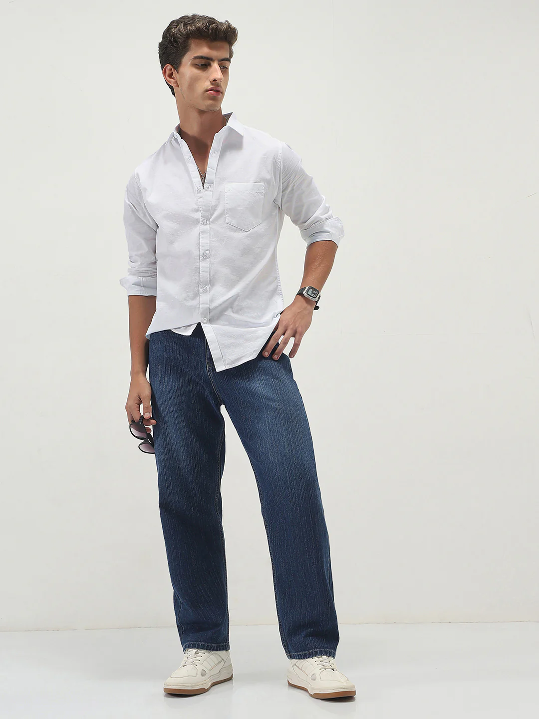 Men's White Cotton Full Sleeve Regular Fit Casual Solid Slub Shirt with Spread Collar - Image 5