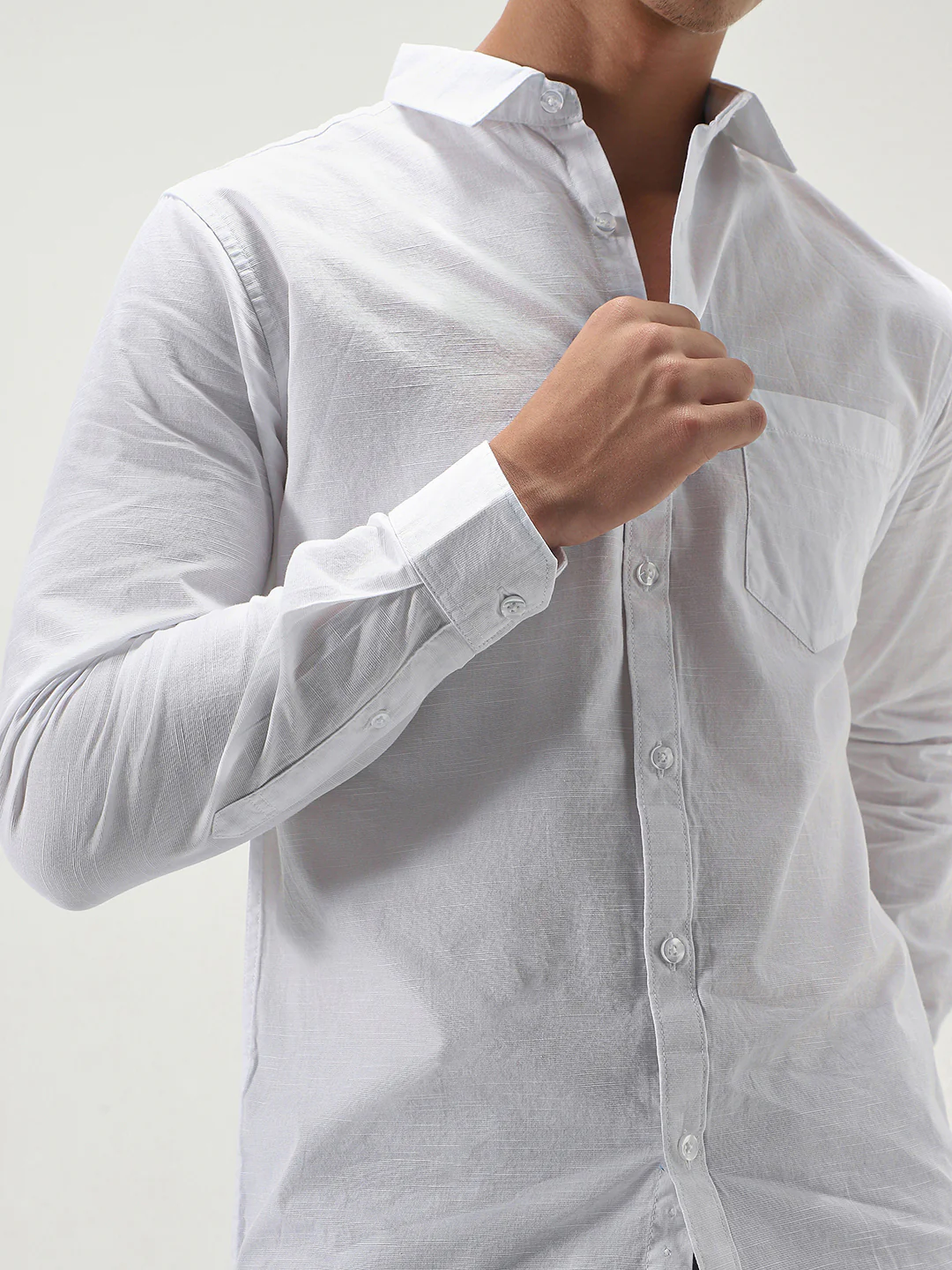 Men's White Cotton Full Sleeve Regular Fit Casual Solid Slub Shirt with Spread Collar - Image 6