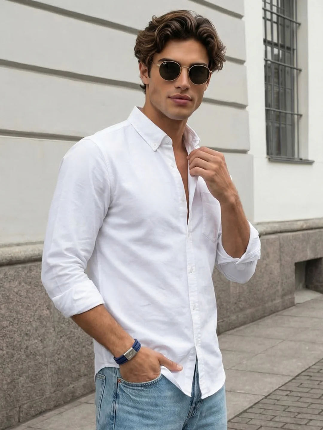 Men's White Cotton Full Sleeve Regular Fit Solid Oxford Shirt With Button-Down Collar
