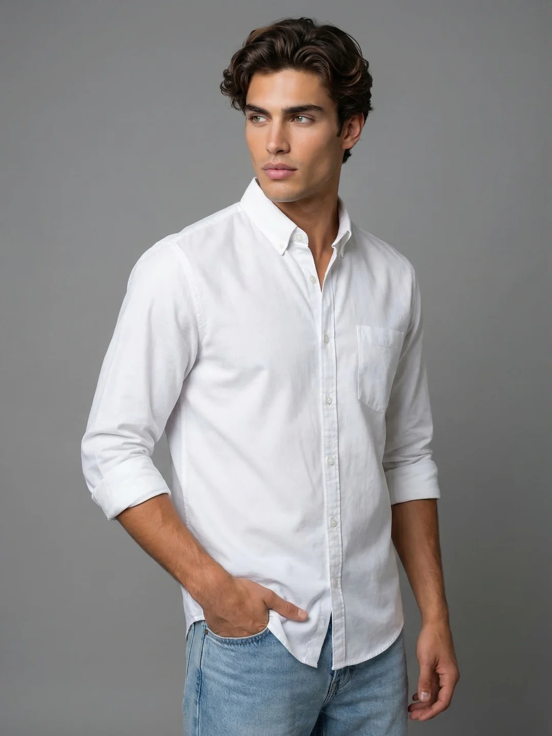 Men's White Cotton Full Sleeve Regular Fit Solid Oxford Shirt With Button-Down Collar - Image 2