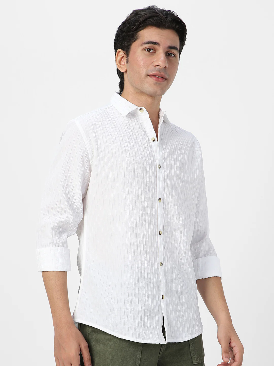 Men's White Cotton Full Sleeve Regular Fit Textured Shirt with Spread Collar - Image 3