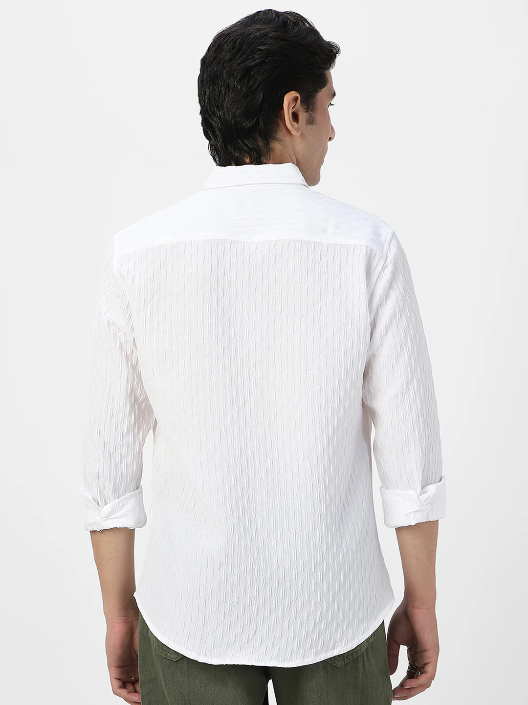 Men's White Cotton Full Sleeve Regular Fit Textured Shirt with Spread Collar - Image 4