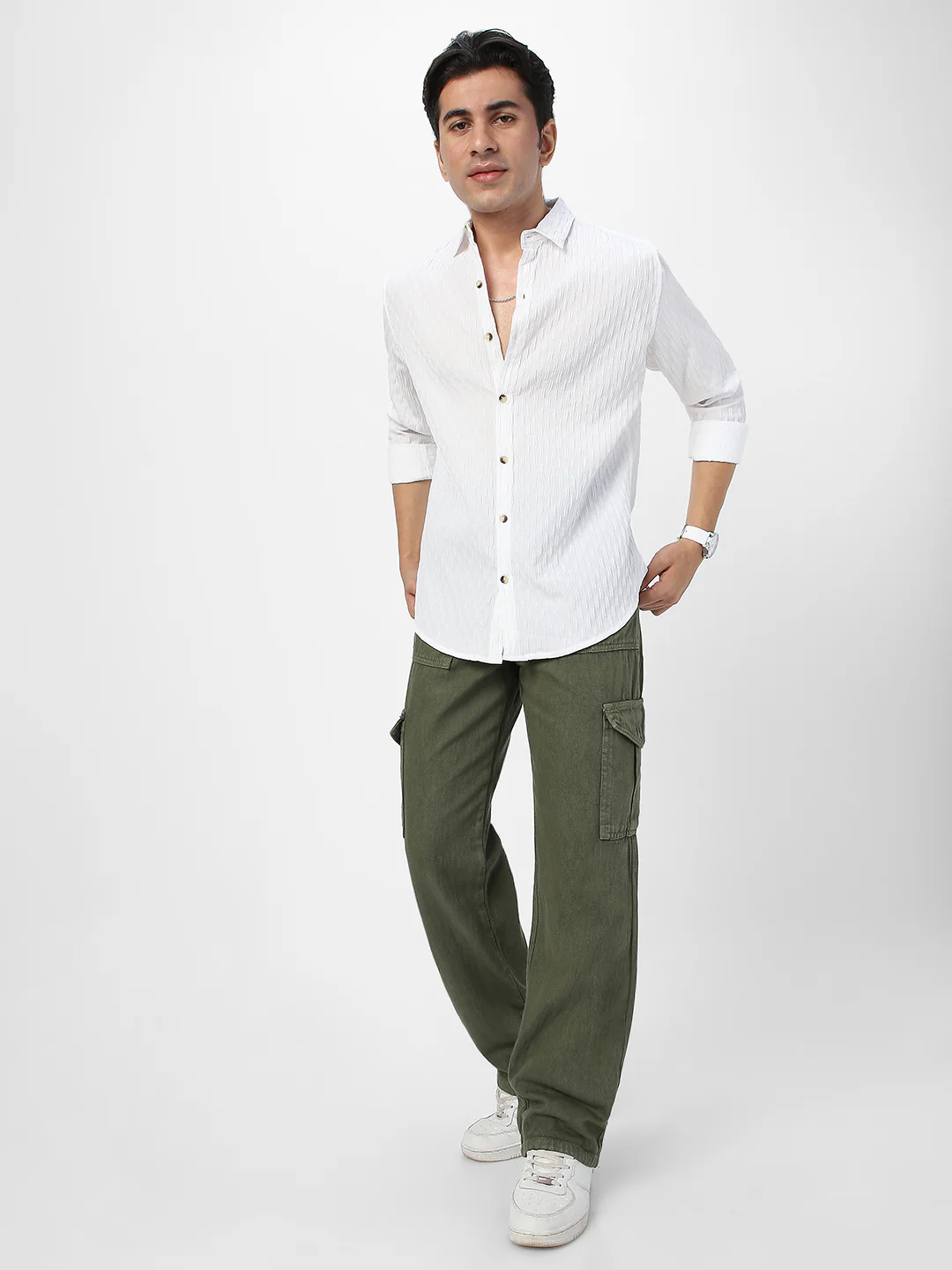 Men's White Cotton Full Sleeve Regular Fit Textured Shirt with Spread Collar - Image 5