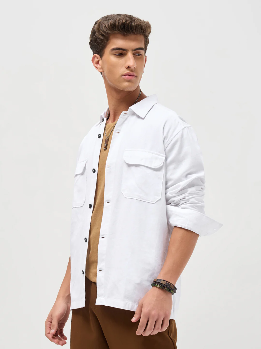 Men's White Cotton Full Sleeve Relaxed Fit Shacket with Utility Pockets - Image 2