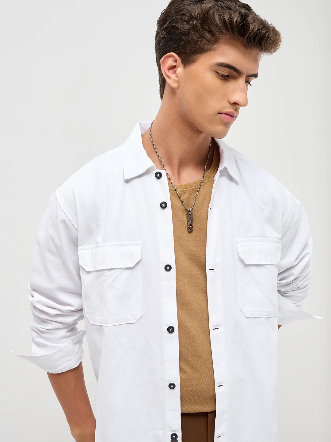 Men's White Cotton Full Sleeve Relaxed Fit Shacket with Utility Pockets - Image 5