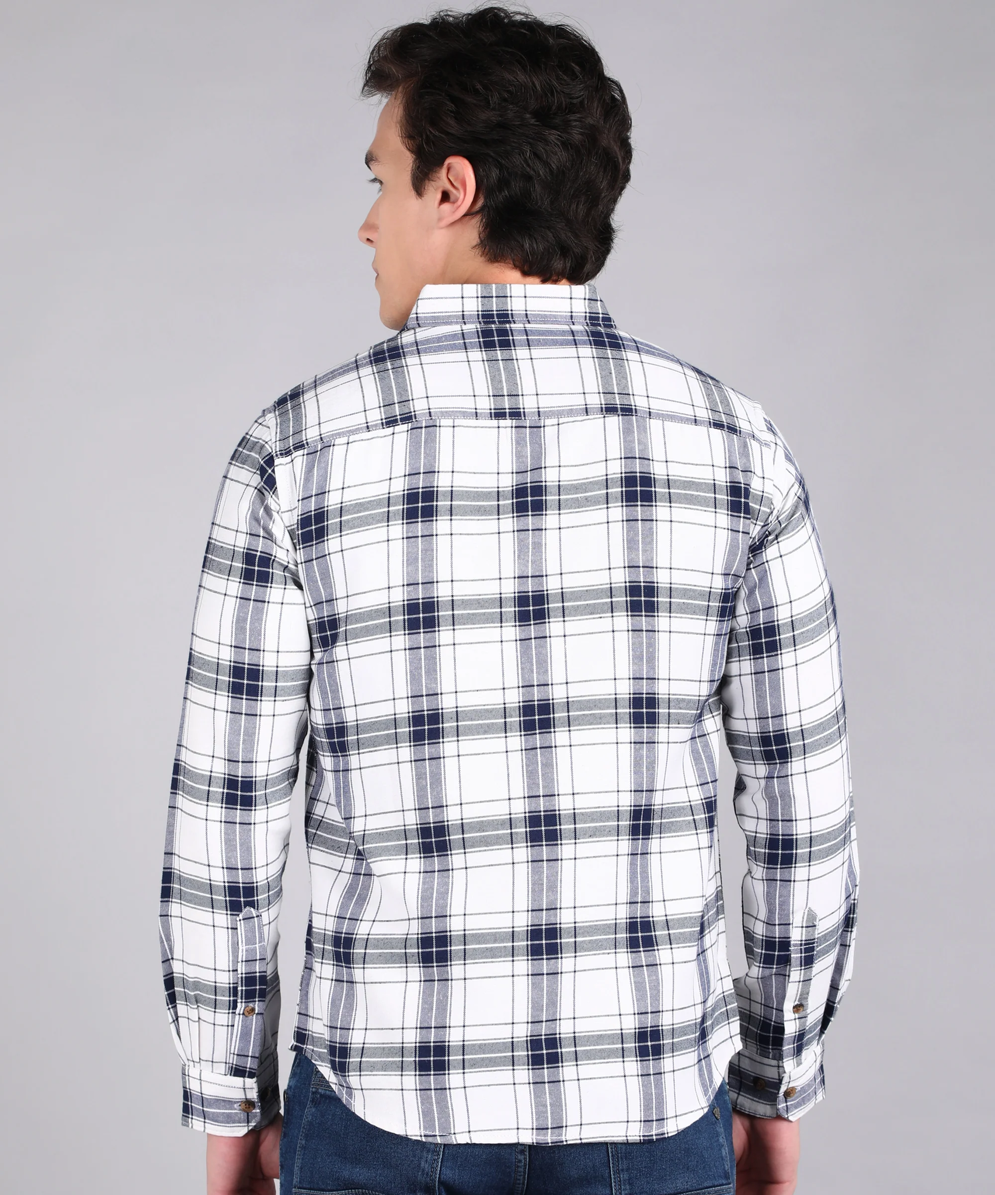 Men's White Cotton Full Sleeve Slim Fit Casual Checkered Shirt - Image 3