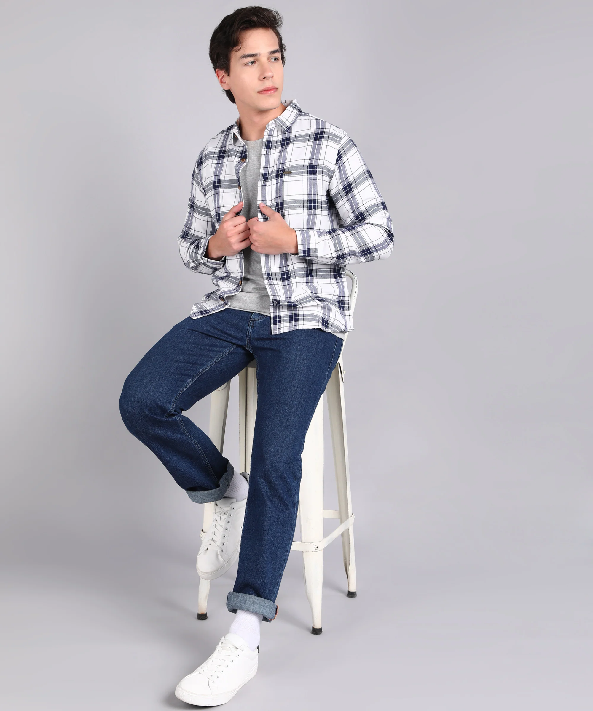 Men's White Cotton Full Sleeve Slim Fit Casual Checkered Shirt - Image 4