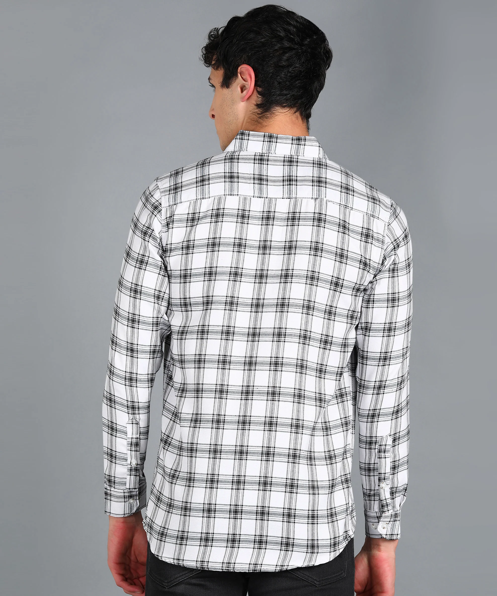 Men's White Cotton Full Sleeve Slim Fit Casual Checkered Shirt - Image 3