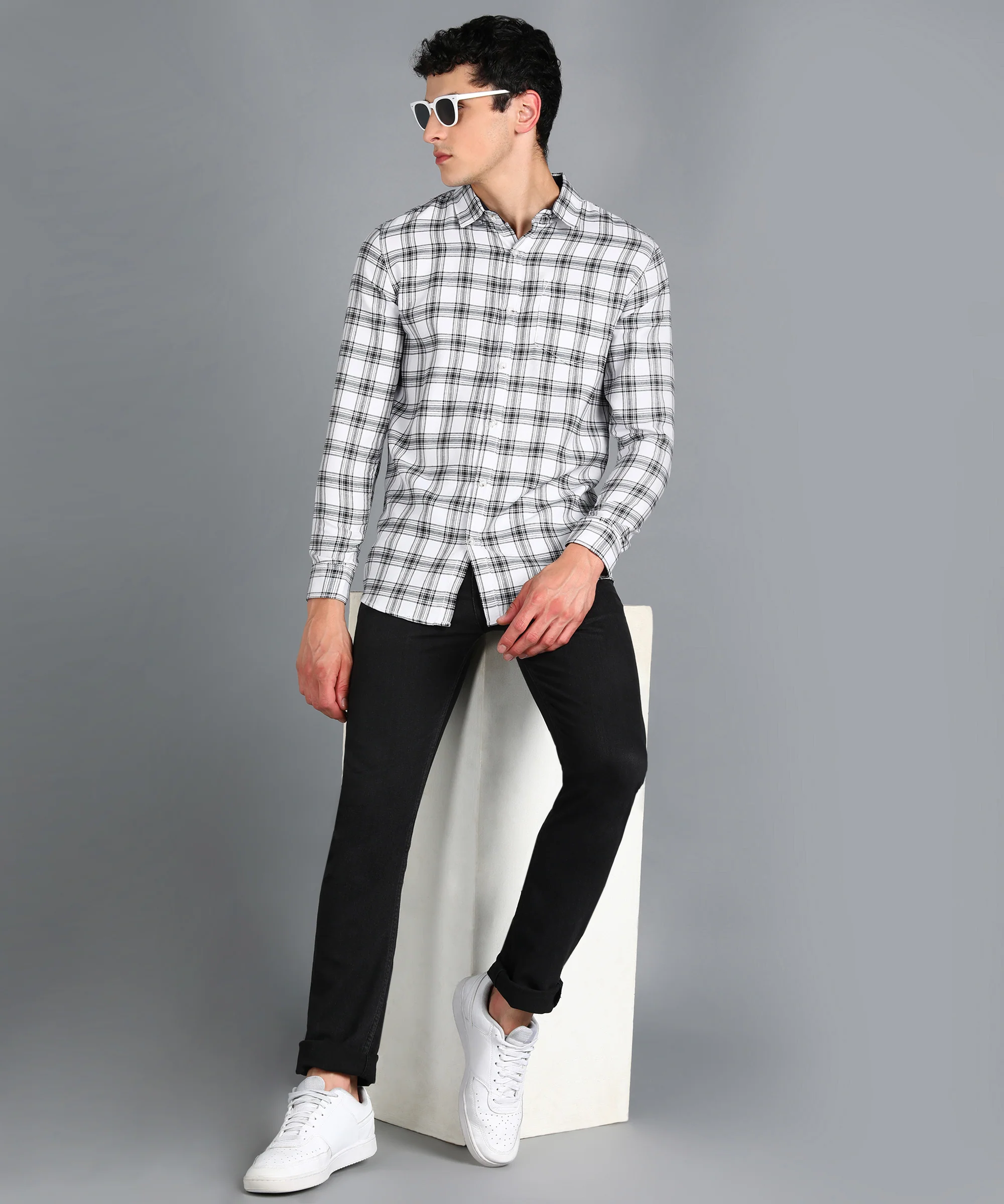 Men's White Cotton Full Sleeve Slim Fit Casual Checkered Shirt - Image 4