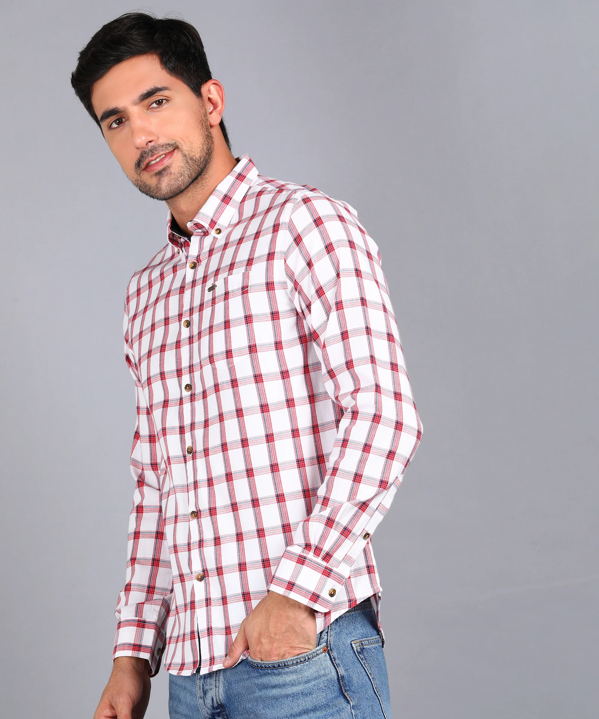 Men's White Cotton Full Sleeve Slim Fit Casual Checkered Shirt - Image 3