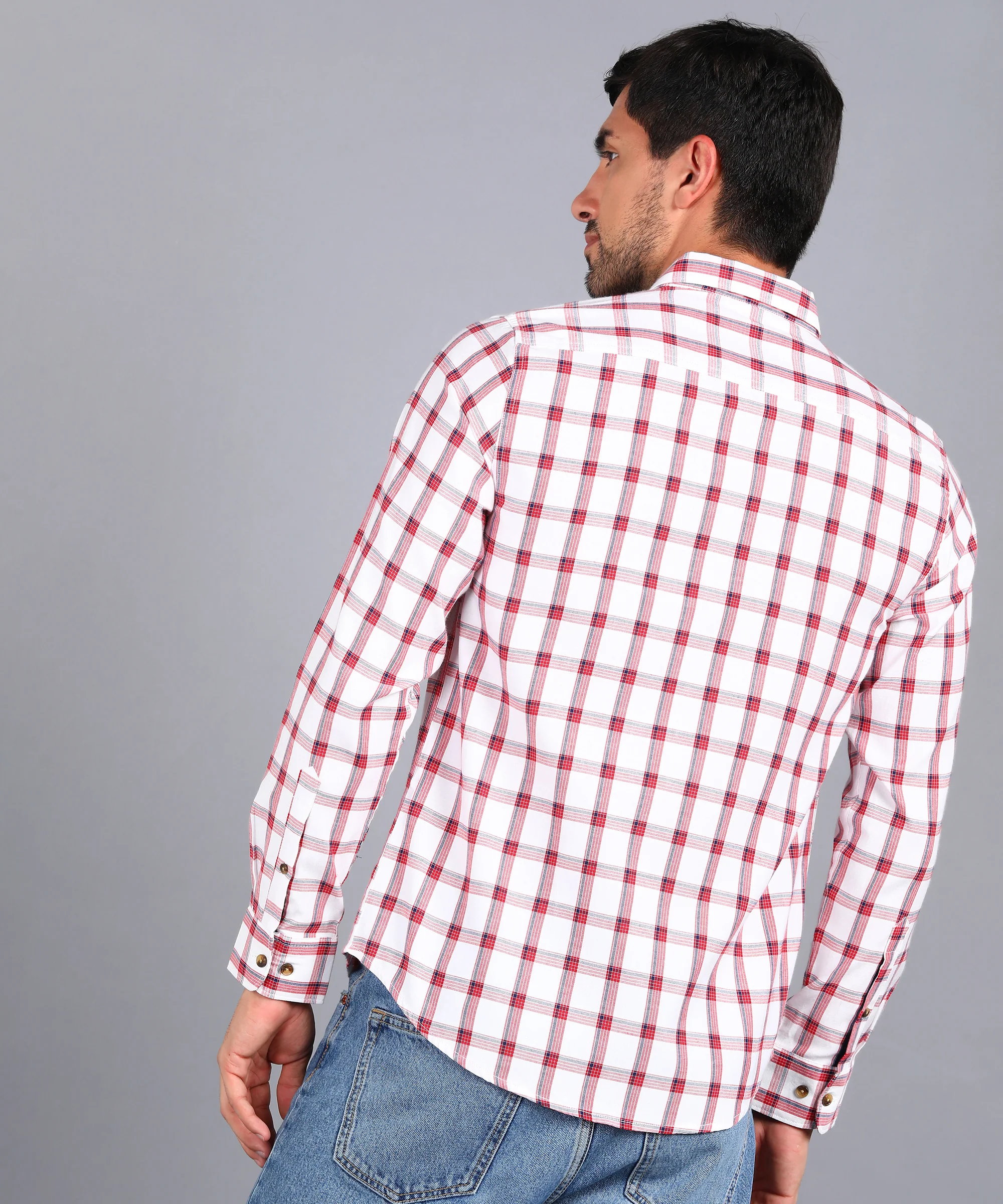 Men's White Cotton Full Sleeve Slim Fit Casual Checkered Shirt - Image 4