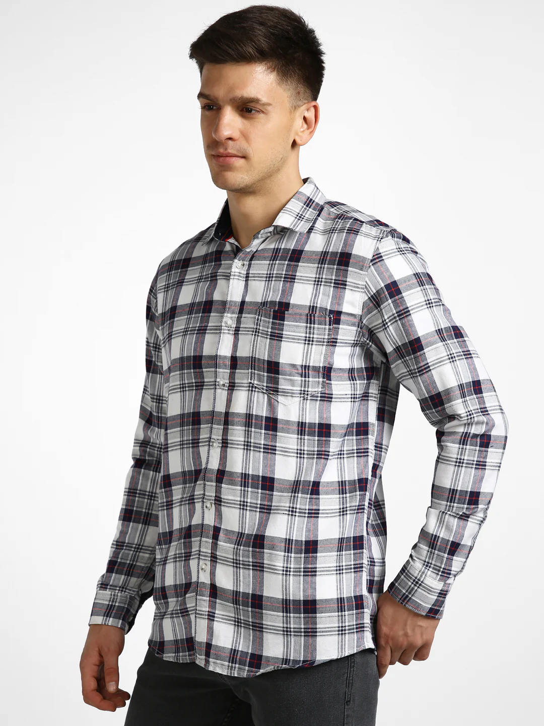 Men's White Cotton Full Sleeve Slim Fit Casual Checkered Shirt with Hooded Collar - Image 2