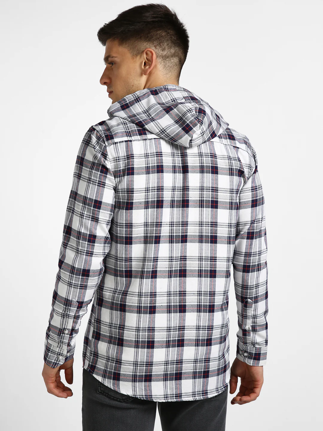 Men's White Cotton Full Sleeve Slim Fit Casual Checkered Shirt with Hooded Collar - Image 3