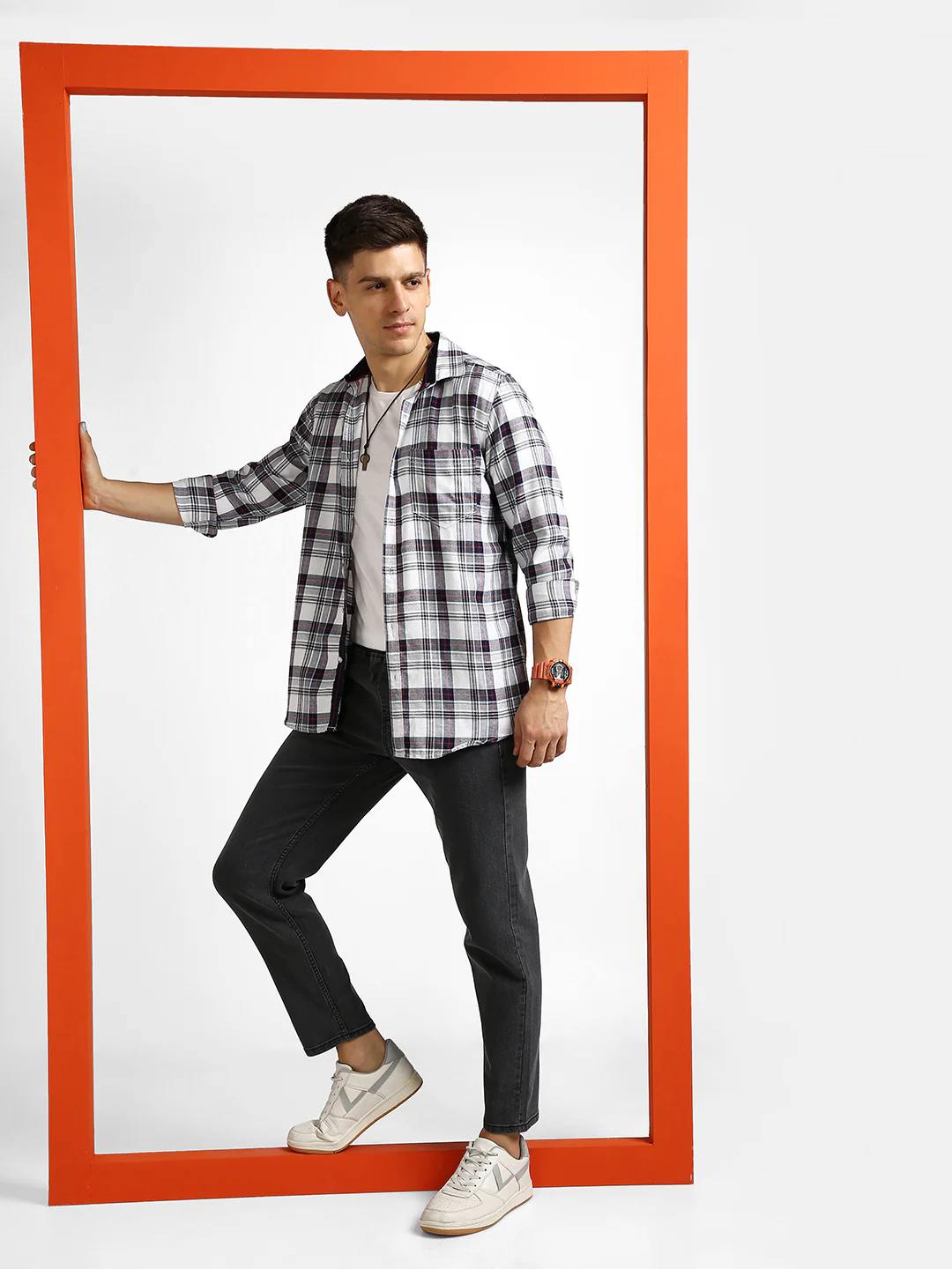 Men's White Cotton Full Sleeve Slim Fit Casual Checkered Shirt with Hooded Collar - Image 4