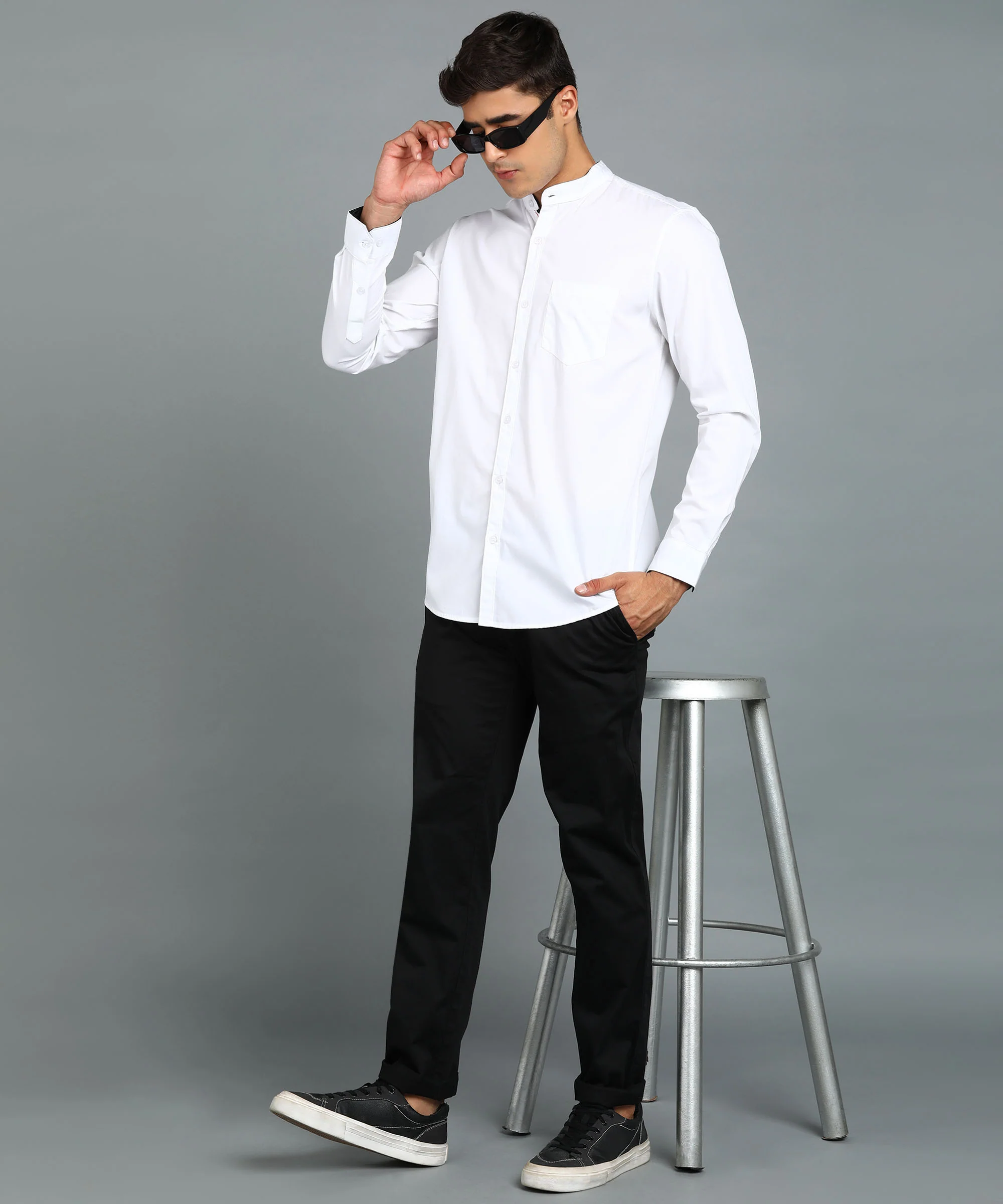 Men's White Cotton Full Sleeve Slim Fit Solid Shirt with Mandarin Collar - Image 4