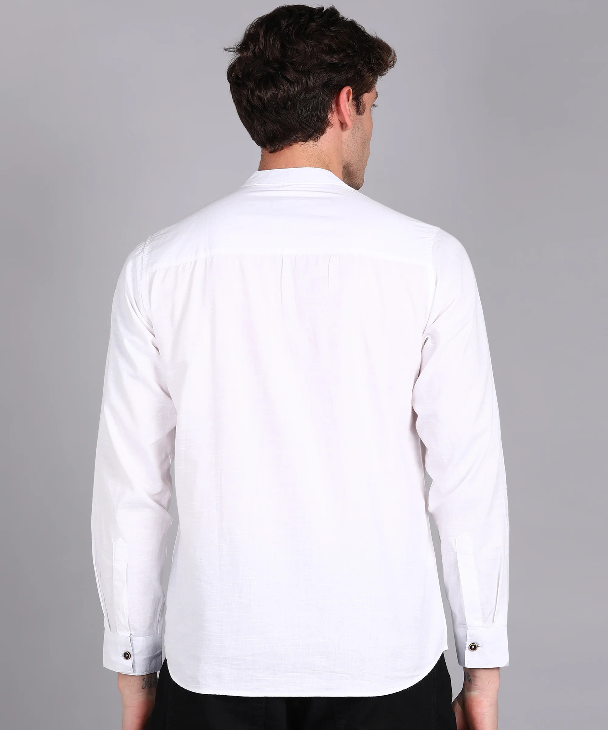 Men's White Cotton Full Sleeve Slim Fit Solid Shirt with Mandarin Collar - Image 3