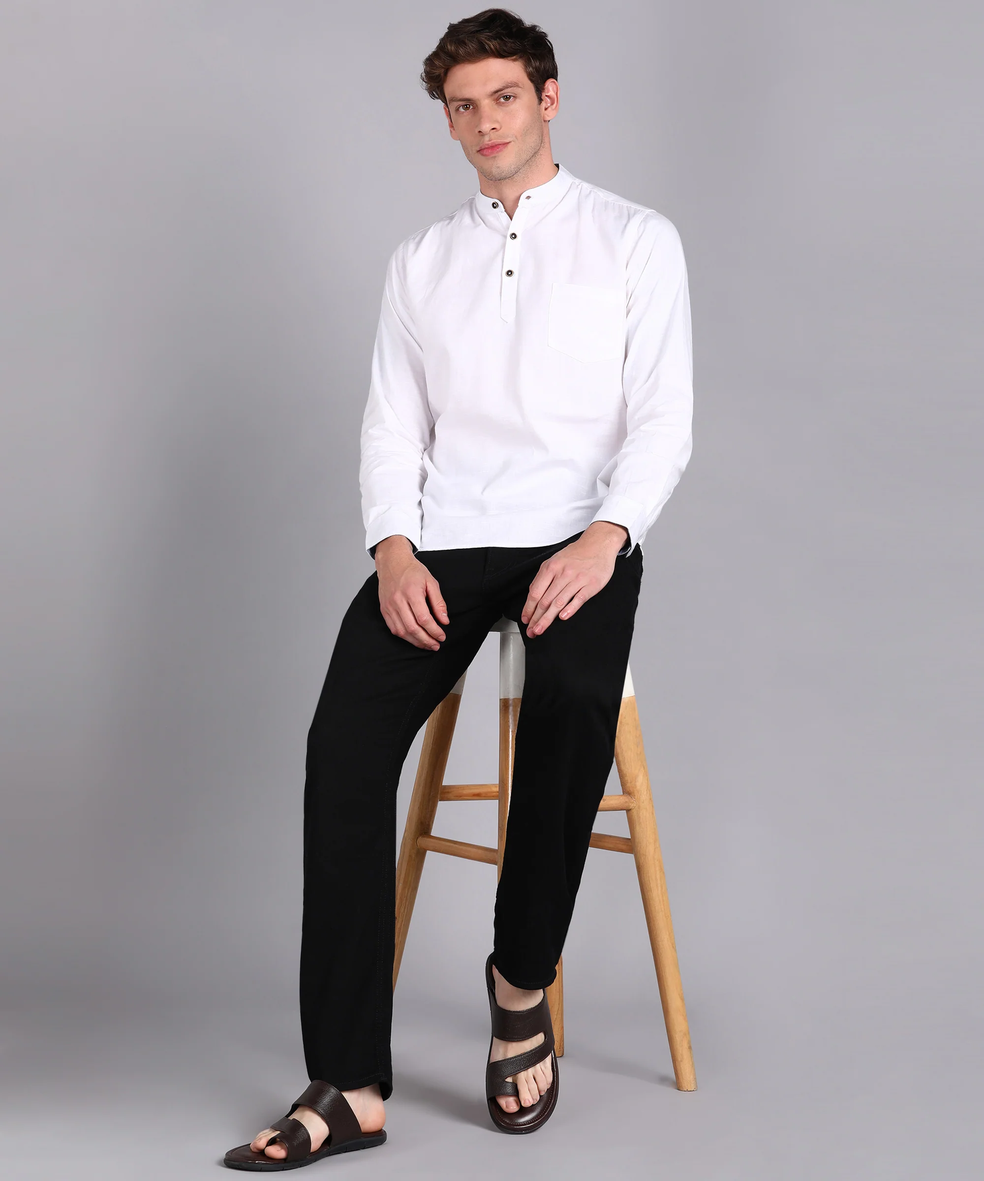 Men's White Cotton Full Sleeve Slim Fit Solid Shirt with Mandarin Collar - Image 4