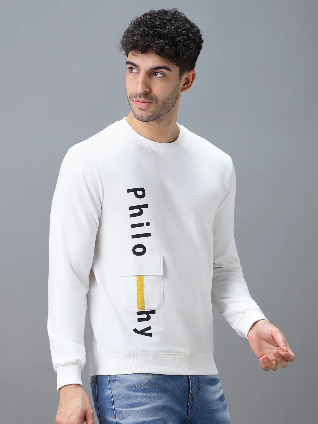 Men's White Cotton Graphic Print Round Neck Sweatshirt - Image 2