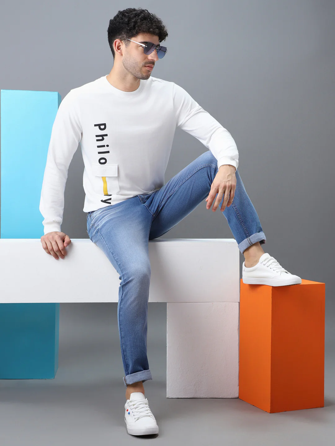 Men's White Cotton Graphic Print Round Neck Sweatshirt - Image 4