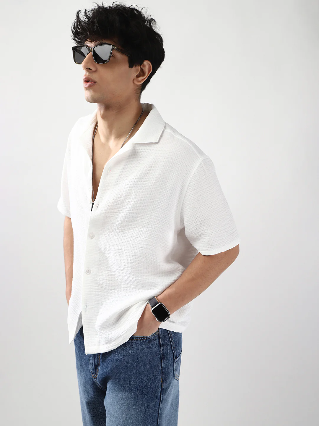 Men's White Cotton Half Sleeve Oversized Fit Textured Shirt with Cuban Collar - Image 3